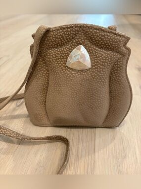 Michelle LaLonde Lambskin Brown Textured Crossbody Bag with Shell Accent